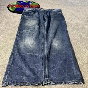 NAVY ACID WASHED ARTFUL DODGER BAGGY JEANS WITH CRAZY BACK POCKET DESIGN
